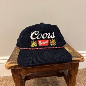 Coors Banquet Corduroy Mens Snap Back Ball Cap Baseball Hat Navy Blue Beer Logo